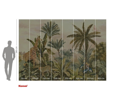 Komar Fototapete mit Dschungelmotiv, inklusive Giraffe, Leopard, Palmen und tropischen Vögeln