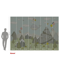 Illustration d'un papier peint avec des montagnes, des animaux et des ballons, dimensions 280 x 400 cm