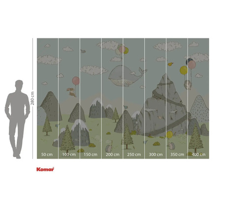 Illustration d'un papier peint avec des montagnes, des animaux et des ballons, dimensions 280 x 400 cm