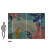 Komar Fototapete mit Dschungelmotiv, mit Tukan, Kakadu und Leoparden, Abmessungen 280 mal 400 cm