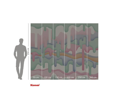 Logo Komar. Murale avec motif géométrique et indications de taille pour le montage.
