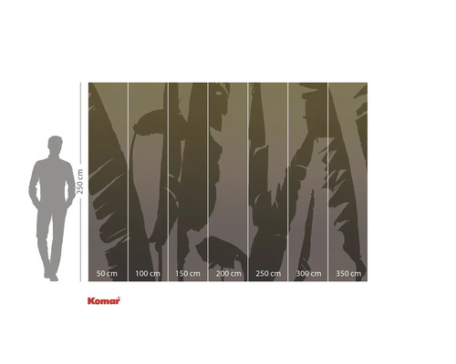 Papier peint photo Komar avec motif de feuilles et indications de taille.