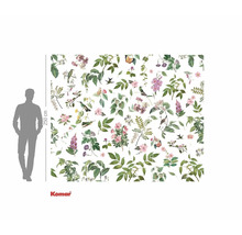 Papier peint photo avec motifs de plantes, fleurs, feuilles et oiseaux dans une représentation naturelle pour la décoration murale