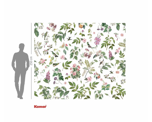 Papier peint photo avec motifs de plantes, fleurs, feuilles et oiseaux dans une représentation naturelle pour la décoration murale