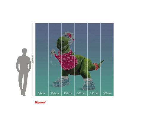 Papier peint photo représentant un dinosaure vert portant un casque, un sweat à capuche et des chaussures de sport sur fond coloré