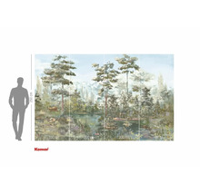 Papier peint photo avec motif de lac forestier et indications de dimensions