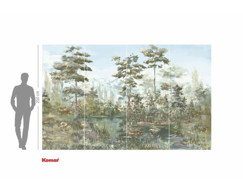 Papier peint photo avec motif de lac forestier et indications de dimensions