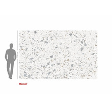 Papier peint grand format avec motif terrazzo et indication de taille.
