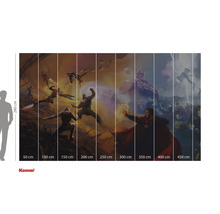 Image murale Avengers avec diverses figures de bande dessinée et indications de taille.