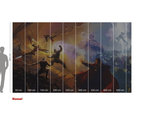 Image murale Avengers avec diverses figures de bande dessinée et indications de taille.