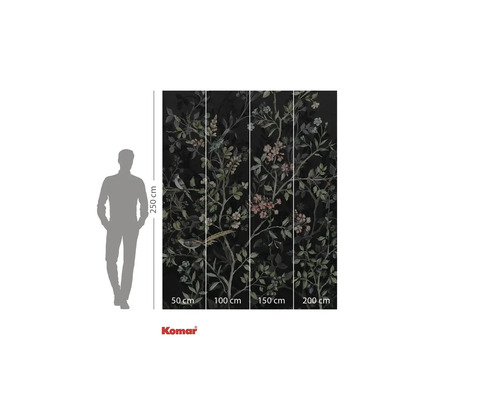 Papier peint photo avec motif d'oiseaux et de fleurs sur fond sombre, dimensions 250 x 200 cm