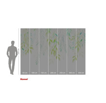 Fototapete mit Blätterdesign und Größenangaben.