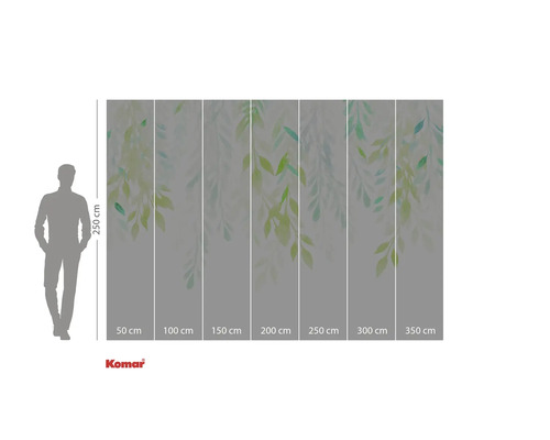 Fototapete mit Blätterdesign und Größenangaben.