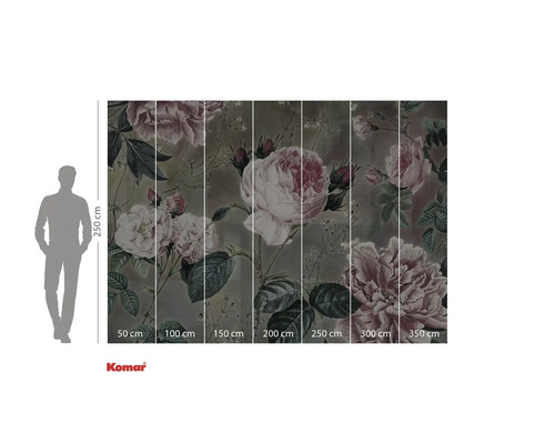Fototapete mit Rosenmuster und Größenangaben.