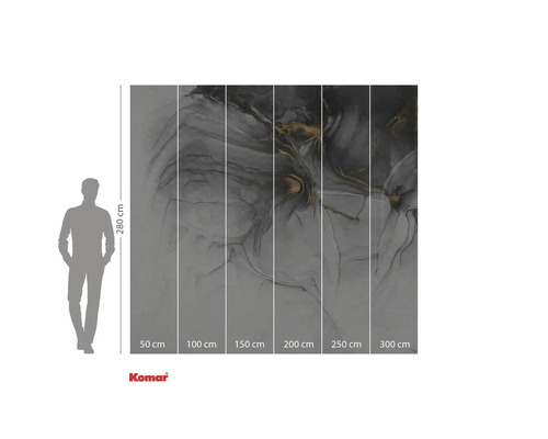 Papier peint photo Komar avec motif abstrait en gris et or, indication des dimensions.