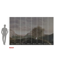 Fototapete mit Landschaftsmotiv und Baum, bestehend aus acht Bahnen mit Größenangaben und Komar Logo