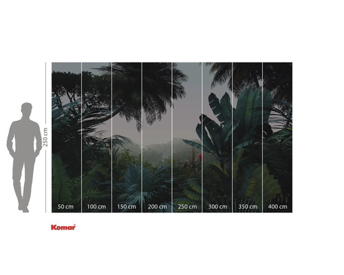 Komar Fototapete mit tropischem Waldmotiv und Größenangaben.
