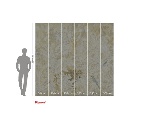 Papier peint photo Komar avec motif jungle, léopard et perroquets, dimensions 280 sur 300 cm