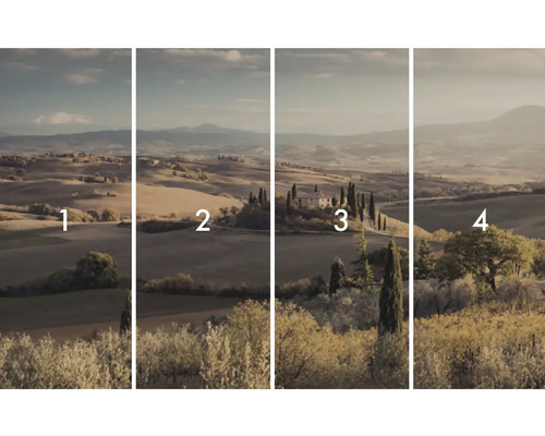 Vierteiliges Landschaftsbild mit toskanischer Landschaft