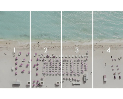 Quatre vues de plage avec une densité décroissante de parasols et de chaises longues.