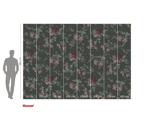 Papier peint photo avec motif floral et indications de taille.