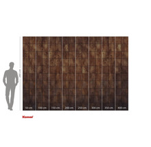 Papier peint photo Komar avec motif de carreaux marron et indications de taille.