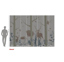 Papier peint photo avec motif de forêt, comprenant des arbres, un ours, un cerf, un lièvre, un renard et un hibou, format environ 280 x 400 cm