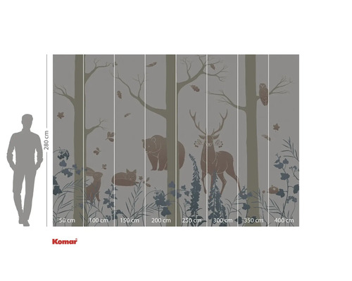 Papier peint photo avec motif de forêt, comprenant des arbres, un ours, un cerf, un lièvre, un renard et un hibou, format environ 280 x 400 cm