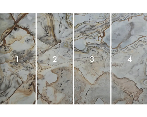 Vier verschiedene Muster von Fliesen mit Marmoroptik.