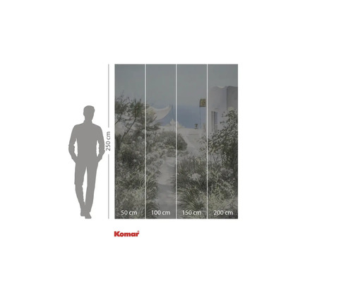 Papier peint photo Komar avec motif de jardin méditerranéen et indications de taille.