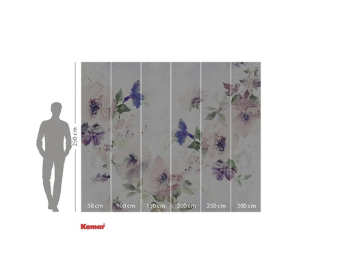 Papier peint photo Komar avec motif floral et indications de mesure.