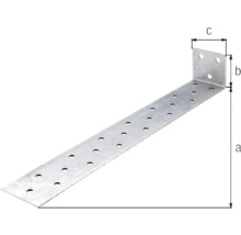 Connecteur d'angle perforé en métal avec dimensions.