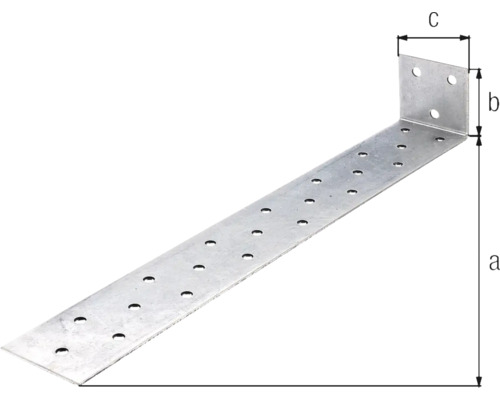 Connecteur d'angle perforé en métal avec dimensions.