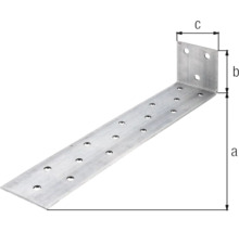 Winkelverbinder aus Metall mit Bohrungen und Massangaben a, b und c.