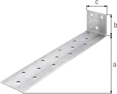 Winkelverbinder aus Metall mit Bohrungen und Massangaben a, b und c.