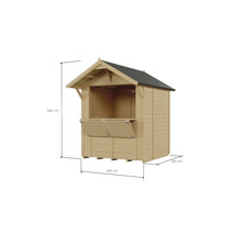 Holzverkaufsstand mit einer Höhe von 246 cm und einer Breite von 180 cm.