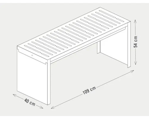 Dessin technique d'un banc de jardin avec des dimensions de 109, 40 et 54 centimètres.