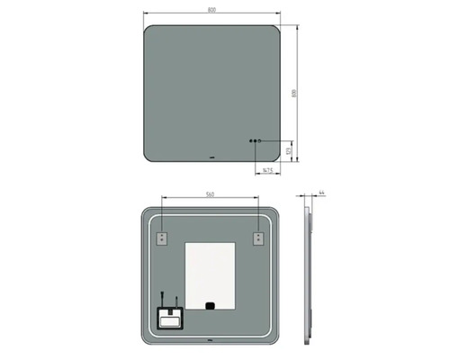 Schéma technique d'un miroir avec éclairage et dimensions 800 x 800 millimètres