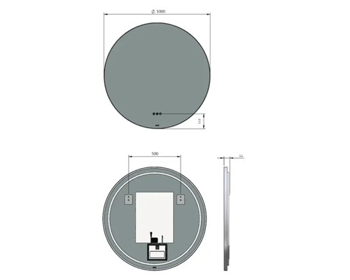 Schéma technique d'un miroir rond avec les dimensions diamètre 1000 millimètres, 113 millimètres, 500 millimètres et 44 millimètres.
