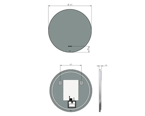 Dessin technique d'un miroir rond avec le diamètre et les dimensions