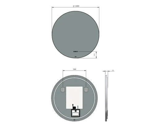 Dessin technique d'un miroir rond avec dimensions