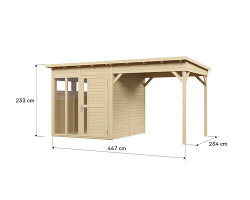 Abri de jardin en bois avec dimensions 447 cm par 233 cm par 234 cm