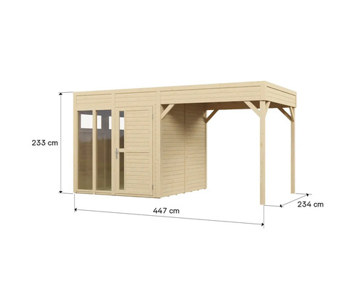 Abri de jardin avec auvent et dimensions de 447 cm de longueur, 233 cm de hauteur et 234 cm de profondeur