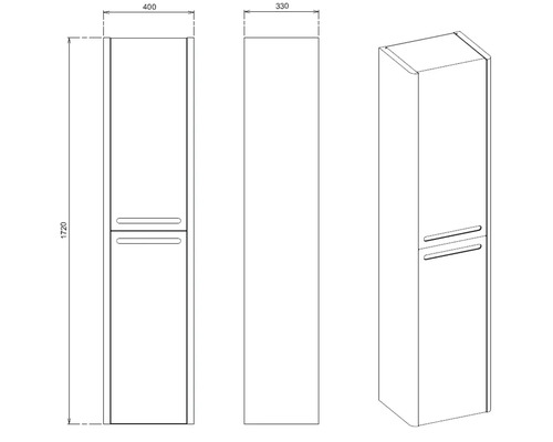 Schéma d'une armoire haute de salle de bain, dimensions 400 x 330 x 1720 mm