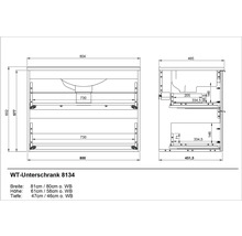 Technische Zeichnung eines Waschtischunterschranks mit Maßangaben