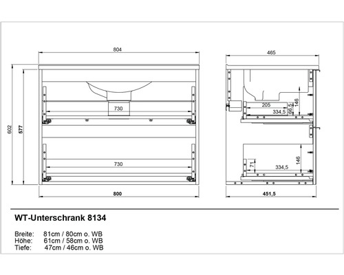 Technische Zeichnung eines Waschtischunterschranks mit Maßangaben
