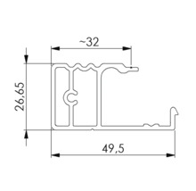 Technische Zeichnung eines Aluminiumprofils mit Massangaben.