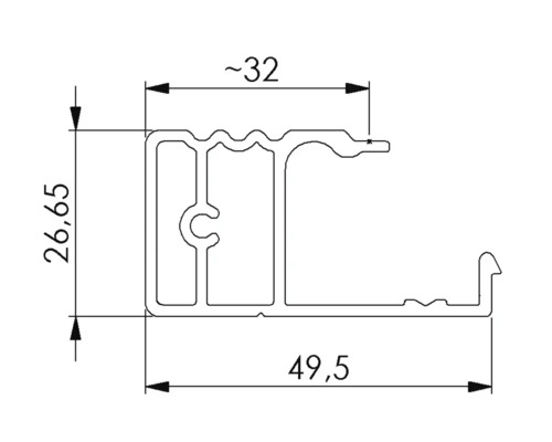 Technische Zeichnung eines Aluminiumprofils mit Massangaben.
