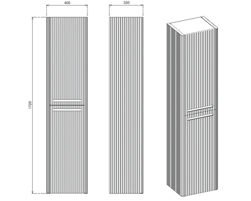 Dessin technique d'une armoire de salle de bain avec des dimensions de 400 x 330 x 1720 millimètres.