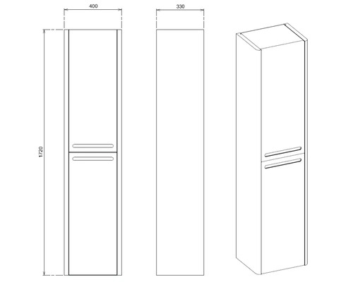 Schéma technique d'une armoire haute de salle de bains mesurant 1720 x 400 x 330 millimètres.